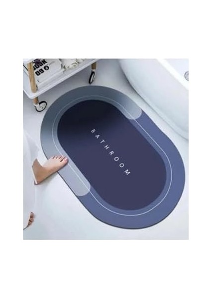 Metrashop Banyo Paspası Süper Su Emici Kaymaz Tabanlı Paspas Oval Diatomit Paspas Nappa Paspas Oval(60 * 40) (Mavi)