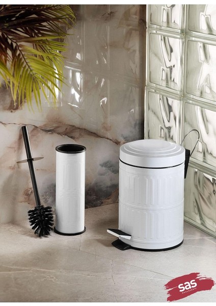 Metrashop Haus Pedallı Çöp Kovası Tuvalet Wc Fırçası Banyo Çöp Kovası 2'li Banyo Seti 5 Litre Beyaz Vintage