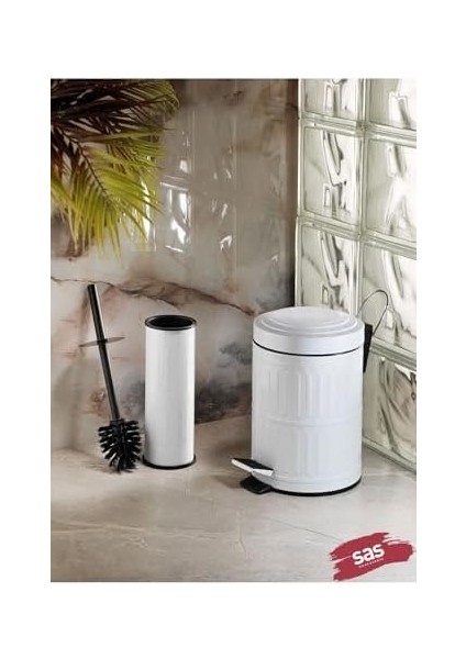Metrashop Haus Pedallı Çöp Kovası Tuvalet Wc Fırçası Banyo Çöp Kovası 2'li Banyo Seti 5 Litre Beyaz Vintage