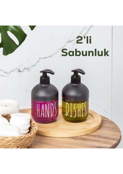 Metrashop C-527 2'li Cool Sıvı Sabunluk Seti - Mutfak-Banyo Tezgah Üstü Temizlik Seti - Antrasit Cam 425 ml