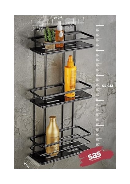 Metrashop Haus Yapışkanlı Ömür Boyu Paslanmaz Kristal Ayarlanabilir Raf Banyo Düzenleyici Şampuanlık Siyah Lş-03 Ss modelleri