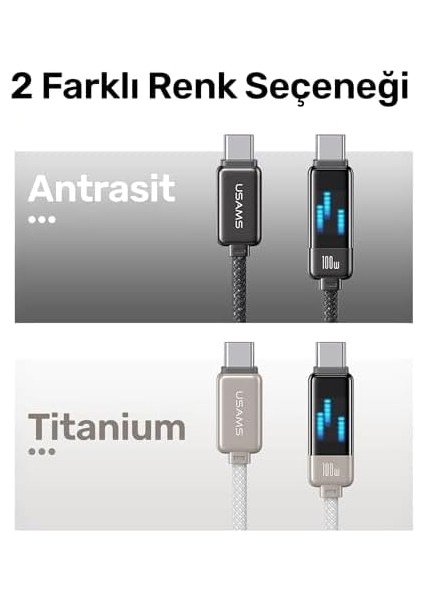Metrashop US-SJ744 Type-C To Type-C 100W Meteor Efekt Ekranlı 1.2m Hızlı Şarj ve Data Kablosu Antrasit
