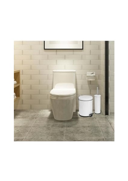 Metrashop Beyaz 5 Litre 2'li Banyo Seti Pedallı Çöp Kovası Wc Klozet Tuvalet Fırça Seti Banyo Çöp Kovası