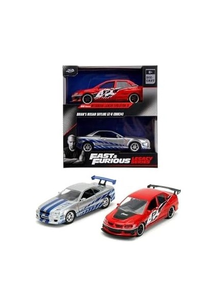 Metrashop Toys - Fast And Furious Arabalar (2'li Set) - Mitsubishi Lancer Evolution Ix & Brian's Nissan Skyline Gt-R (R34) Legacy Series Model Araba, Açılabilir Kapılı, 1:32 Ölçek 13 Cm.