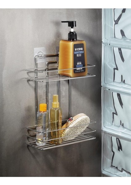Metrashop Haus Paslanmaz Yapışkanlı 2 Katlı Banyo Şampuanlık Düzenleyici Delmeye Son Krom Tş-02
