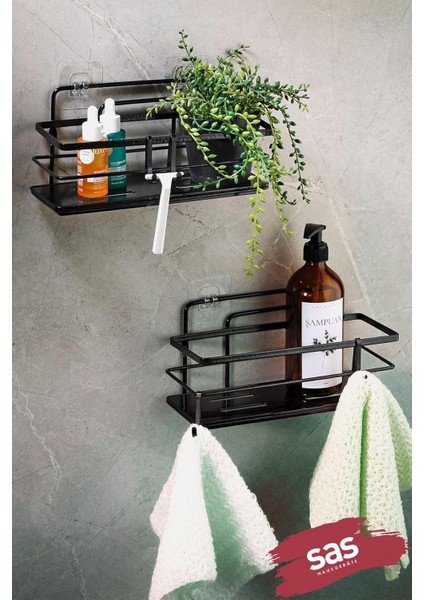 Metrashop Haus Yapışkanlı Ömür Boyu Paslanmaz Kristal Ayarlanabilir Raf Banyo Düzenleyici Şampuanlık 2 Adet Siyah L