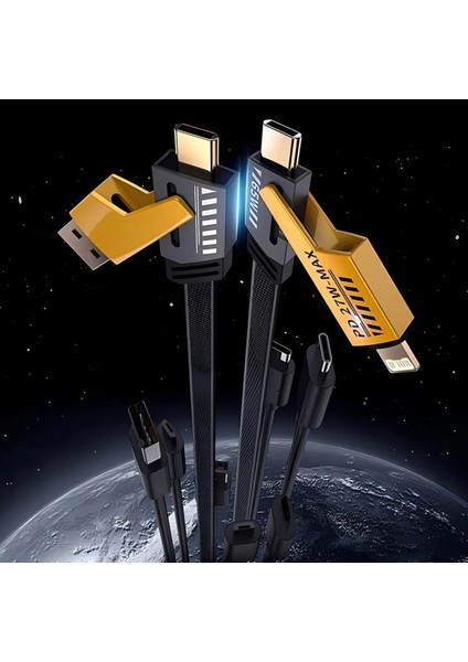 Metrashop 4 In 1 65/27 W USB Type-C Iphone Hasır Şarj Kablosu Metal Tek Kablo Ile Tüm Cihazları Şarj Et Çoklu USB Şarj Kablosu Metal Sağlam Kopmaz Turbo Fast Kablo