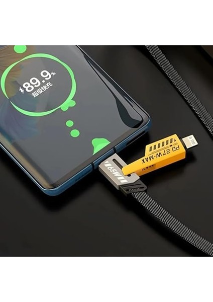 Metrashop 4 In 1 65/27 W USB Type-C Iphone Hasır Şarj Kablosu Metal Tek Kablo Ile Tüm Cihazları Şarj Et Çoklu USB Şarj Kablosu Metal Sağlam Kopmaz Turbo Fast Kablo