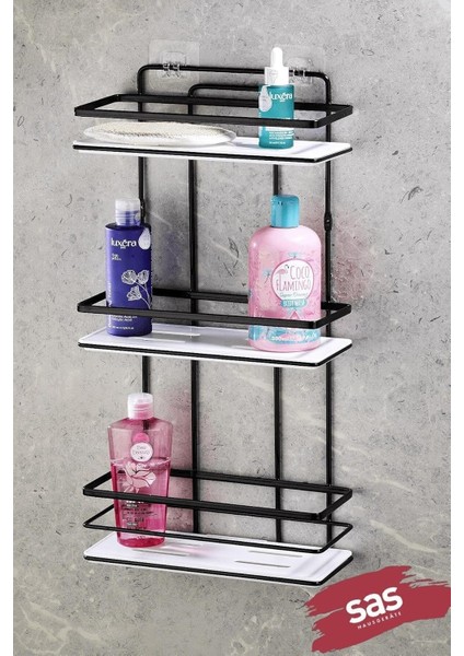 Metrashop Haus Yapışkanlı Ömür Boyu Paslanmaz Ayarlanabilir Raf Banyo Düzenleyici Şampuanlık Siyah - Beyaz Lş-03