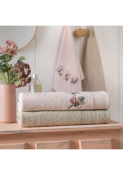 Metrashop Floret Çiçek Desenli%60 Pamuk%40 Viskoz Hamam Seti, Somon, 2 Adet 70X150 cm Havlu, 2 Adet 50X90 cm Havlu