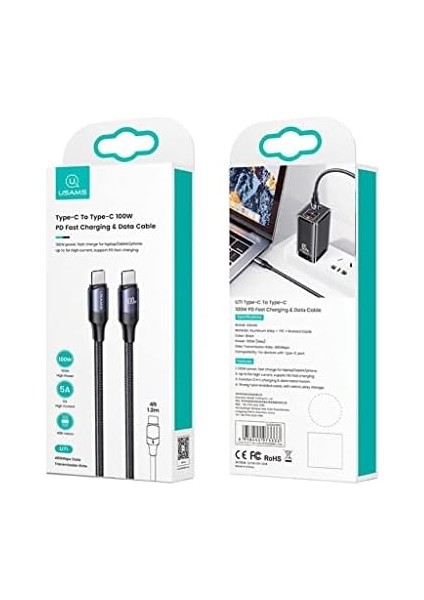 Metrashop US-SJ524 Örgülü 1.2m Type-C To Type-C 100W Pd Hızlı Şarj ve Data Kablosu Amz