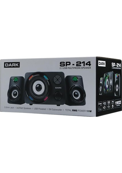 Metrashop SP-214 11W Rms 7 Farklı Renk Titreşimli LED 2+1 Multimedia Speaker Hoparlör (DK-AC-SP214)