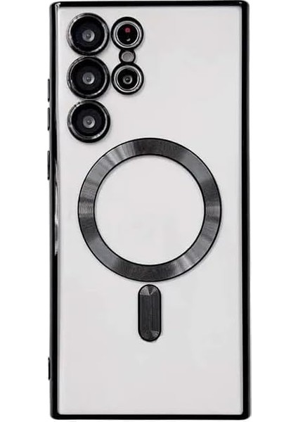 S25 Ultra Kılıf Kamera Lens Korumalı Kablosuz Şarj Destekli Arkası Şeffaf Parlak Kenarlı Kapak Esnek Silikon Ince Kılıf (Siyah)