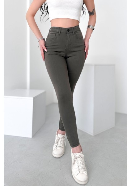 Kadın Açık Haki Süper Skinny Fit Esnek Likralı Yüksek Bel Jean Kot Pantolon JENNİE-2009