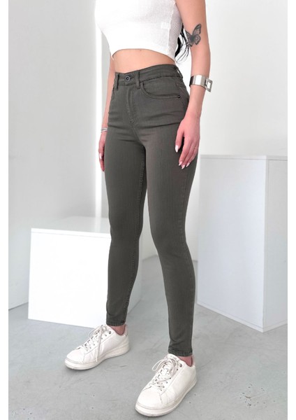 Kadın Açık Haki Süper Skinny Fit Esnek Likralı Yüksek Bel Jean Kot Pantolon JENNİE-2009 modelleri