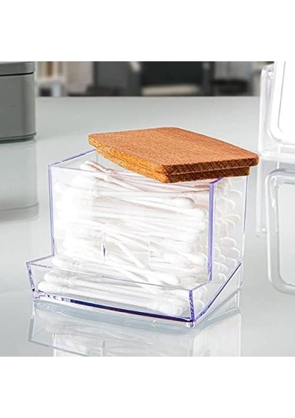 Metrashop Ahşap Kapak Akrilik Pamuklu Çubuk Organizeri, Ahşap Kapaklı Kulak Pamukluğu, Akrilik Kulak Çubuğu