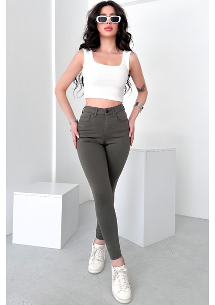 Kadın Açık Haki Süper Skinny Fit Esnek Likralı Yüksek Bel Jean Kot Pantolon JENNİE-2009