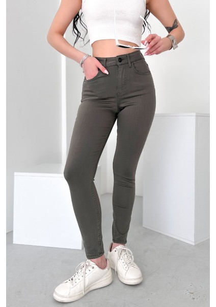 Kadın Açık Haki Süper Skinny Fit Esnek Likralı Yüksek Bel Jean Kot Pantolon JENNİE-2009