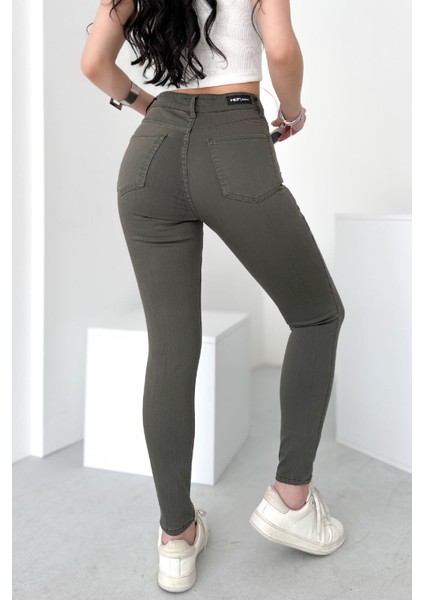 Kadın Açık Haki Süper Skinny Fit Esnek Likralı Yüksek Bel Jean Kot Pantolon JENNİE-2009