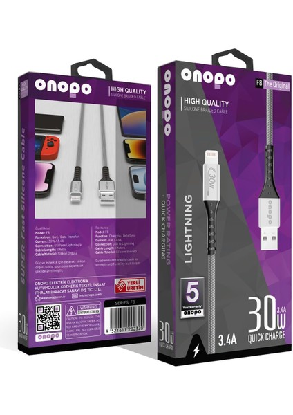 Metrashop Iphone Uyumlu 3.4A Lightning Örgülü Hızlı Şarj ve Data Kablosu 30W Metal Uçlu -F8