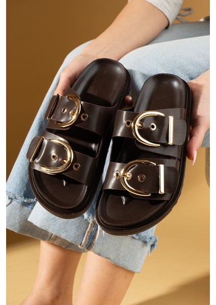 Geniş Çift Gold Tokalı Rahat Kalıp Kadın Terlik 024-1001-25CILT