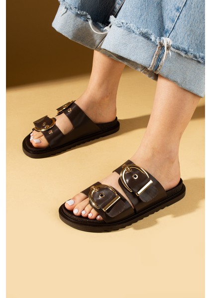 Geniş Çift Gold Tokalı Rahat Kalıp Kadın Terlik 024-1001-25CILT fiyatları