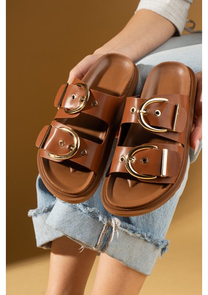 Geniş Çift Gold Tokalı Rahat Kalıp Kadın Terlik 024-1001-25CILT