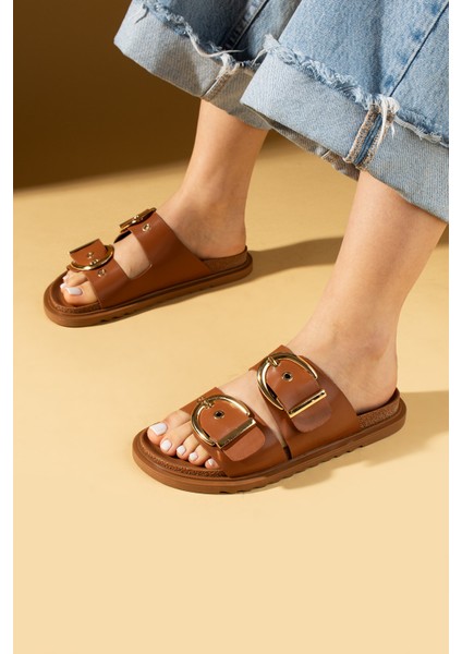 Geniş Çift Gold Tokalı Rahat Kalıp Kadın Terlik 024-1001-25CILT fiyatları