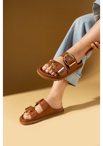 Geniş Çift Gold Tokalı Rahat Kalıp Kadın Terlik 024-1001-25CILT modelleri