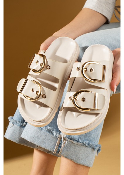 Geniş Çift Gold Tokalı Rahat Kalıp Kadın Terlik 024-1001-25CILT