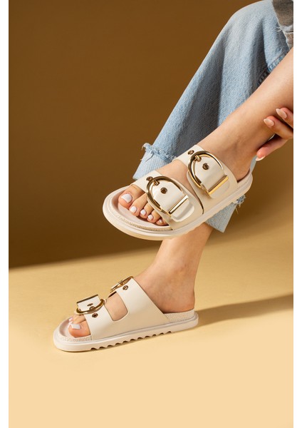 Geniş Çift Gold Tokalı Rahat Kalıp Kadın Terlik 024-1001-25CILT fiyatları