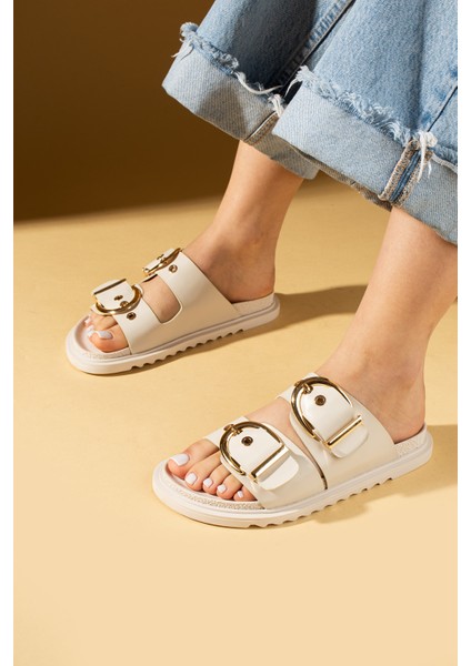 Geniş Çift Gold Tokalı Rahat Kalıp Kadın Terlik 024-1001-25CILT modelleri