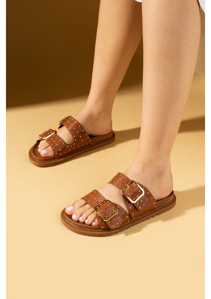 Kare Tokalı Gold Zımbalı Rahat Taban Kadın Terlik 024-0800-25CILT