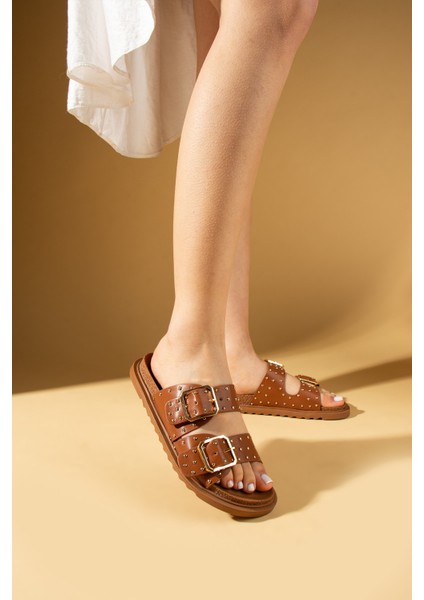 Kare Tokalı Gold Zımbalı Rahat Taban Kadın Terlik 024-0800-25CILT modelleri