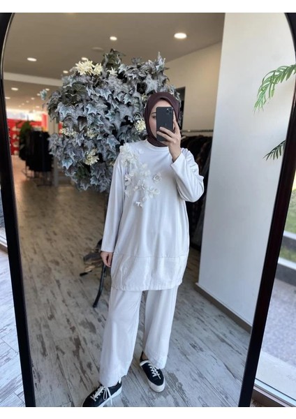 Önü Organze Çiçek Detaylı Tunik Pantolon Takım 4859