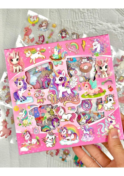 4 Bölmeli 100 Yaprak Unicorn Desenli Pembe Renk Kutu Sticker Seti Su Geçirmez