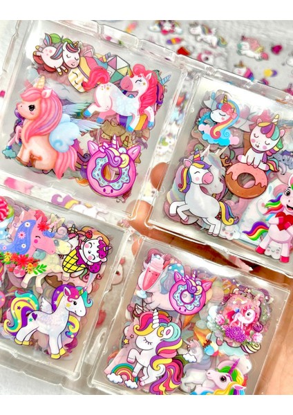 4 Bölmeli 100 Yaprak Unicorn Desenli Pembe Renk Kutu Sticker Seti Su Geçirmez