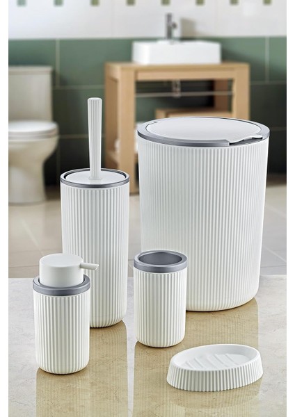 Metrashop 5 Parça Lüx Plastik Banyo Seti 7 Litre Dokunmatik Çöp Kovalı, Antibakteriyel Fırça (Beyaz-Gri)
