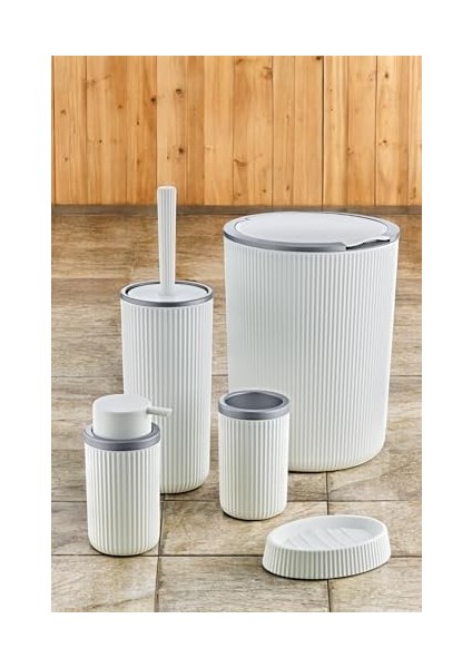 Metrashop 5 Parça Lüx Plastik Banyo Seti 7 Litre Dokunmatik Çöp Kovalı, Antibakteriyel Fırça (Beyaz-Gri) modelleri