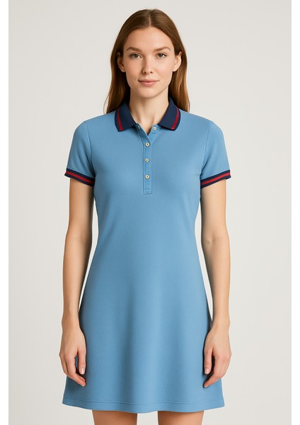 Kadın Polo Yaka Kısa Kol Elbise Indigo