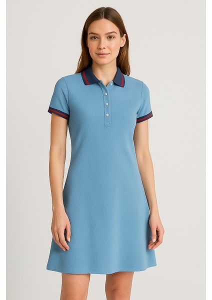 Kadın Polo Yaka Kısa Kol Elbise Indigo modelleri