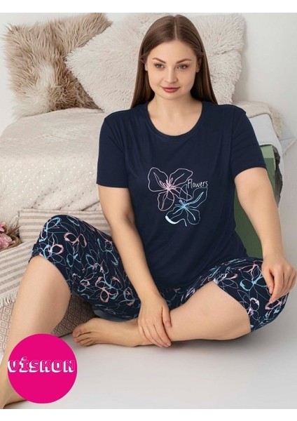 Kadın Bisiklet Yaka Düğmesiz Battal Kesim Viskon Kısa Kol Kapri Cepli Büyük Beden Pijama Takımı fiyatları