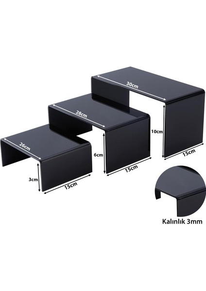 3'lü Ürün Yükseltici Organizer Stant Pleksi 26 x 3 cm / 28 x 6 cm / 30 x 10 cm / 3mm - Siyah fırsatları