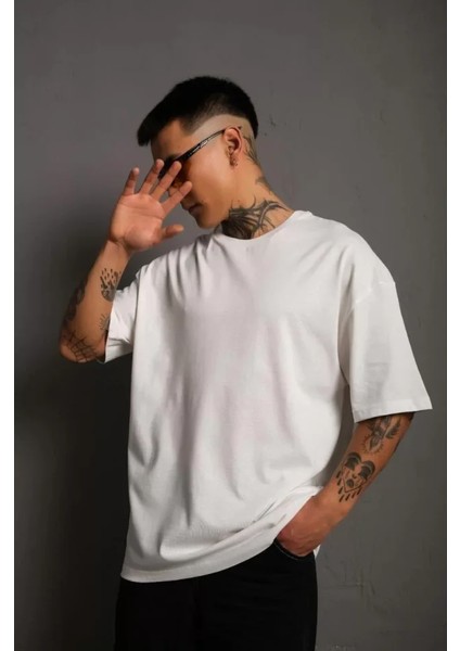Erkek 24/1 Düz Akalite Oversize T-Shirt - Beyaz fiyatları