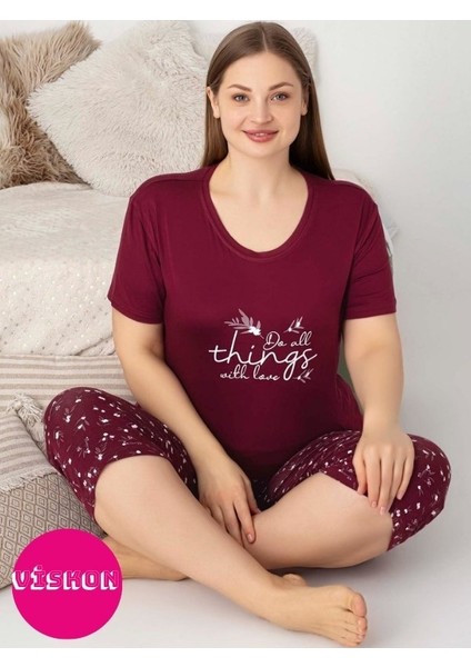 Kadın Bisiklet Yaka Düğmesiz Battal Kesim Viskon Kısa Kol Kapri Cepli Büyük Beden Pijama Takımı fiyatları