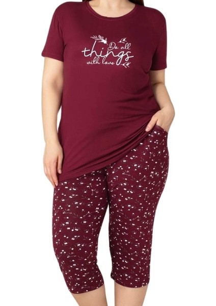 Kadın Bisiklet Yaka Düğmesiz Battal Kesim Viskon Kısa Kol Kapri Cepli Büyük Beden Pijama Takımı modelleri