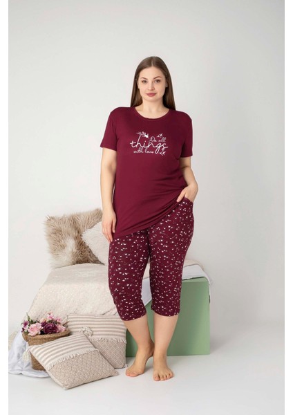 Kadın Bisiklet Yaka Düğmesiz Battal Kesim Viskon Kısa Kol Kapri Cepli Büyük Beden Pijama Takımı indirimleri