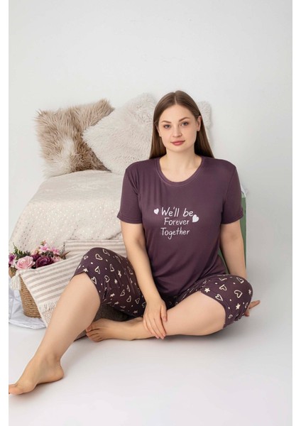 Kadın Bisiklet Yaka Düğmesiz Battal Kesim Viskon Kısa Kol Kapri Cepli Büyük Beden Pijama Takımı