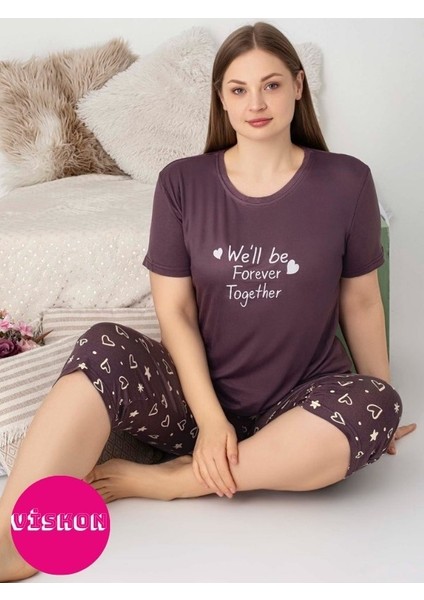 Kadın Bisiklet Yaka Düğmesiz Battal Kesim Viskon Kısa Kol Kapri Cepli Büyük Beden Pijama Takımı fiyatları