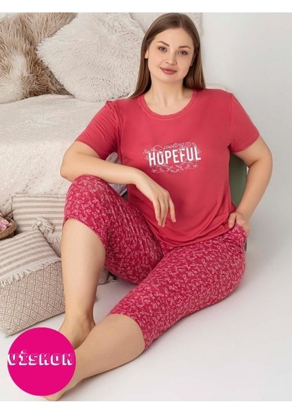 Kadın Bisiklet Yaka Düğmesiz Battal Kesim Viskon Kısa Kol Kapri Cepli Büyük Beden Pijama Takımı fiyatları